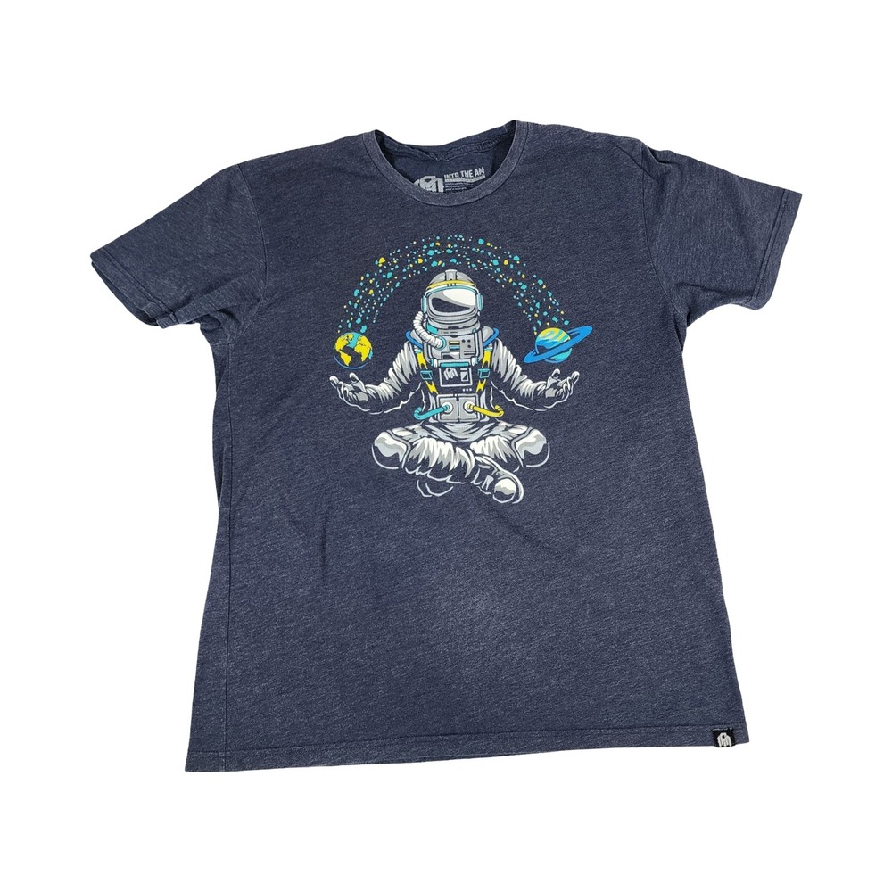 INTO THE AM Mens Meditating Astronaut Space Graphic T-Shirt Heather Navy Large